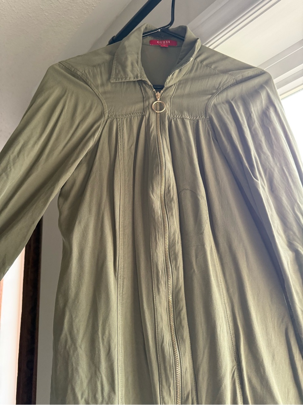 GUESS Olive Green Zip-Front Lightweight Leather Jacket